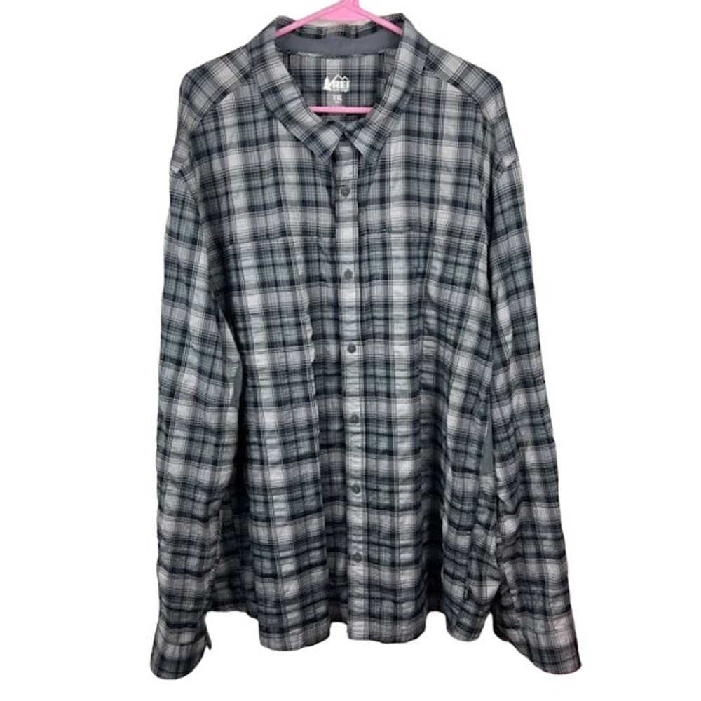 REI Gray and blue plaid long sleeve button up shirt Men's size XXL